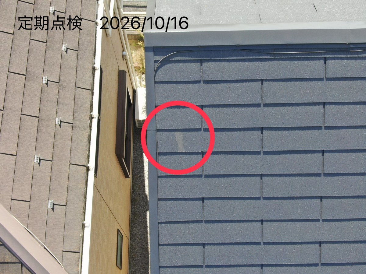 屋根の北側 / 色が変わって見えた所（1年点検、赤丸）